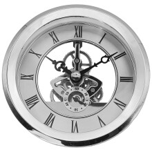 Mini Skeleton Clock Insert with Vintage Roman Numerals, Mirror Hands, Metal Frame, Clear Back