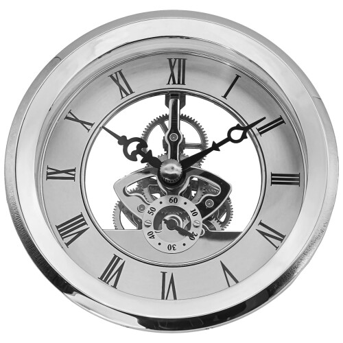 Mini Skeleton Clock Insert with Vintage Roman Numerals, Mirror Hands, Metal Frame, Clear Back
