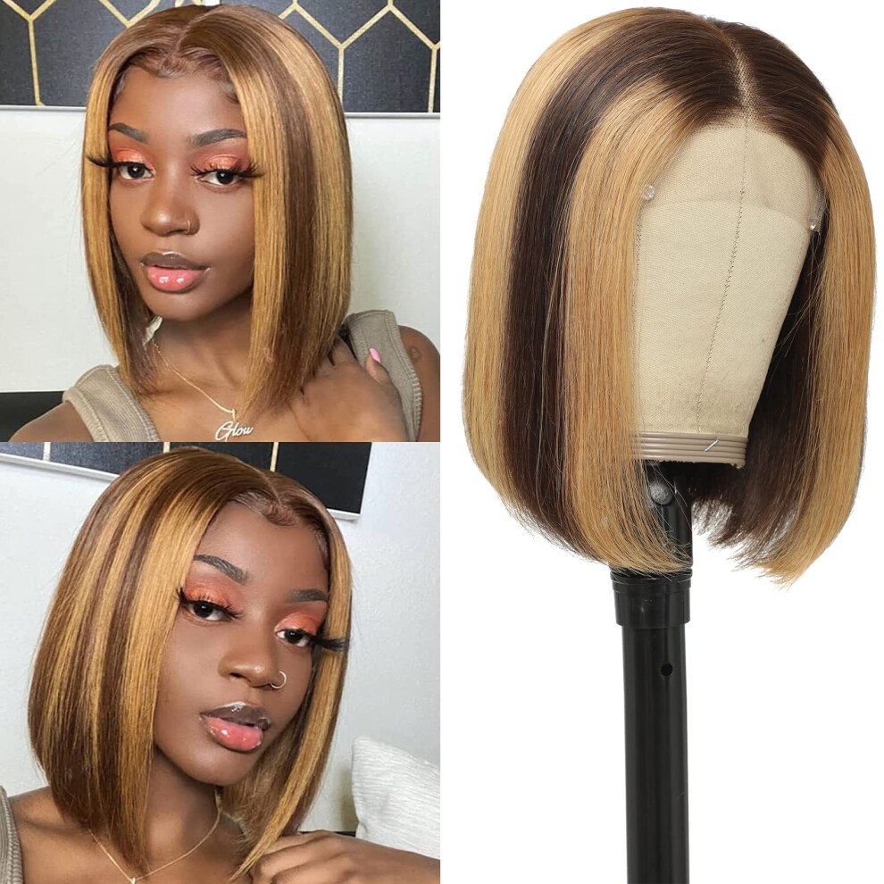 Unisex Glueless 5X5 Lace Front Bob Wig Brazilian Human Hair Ombre Honey Blonde 10 Inch Middle Part