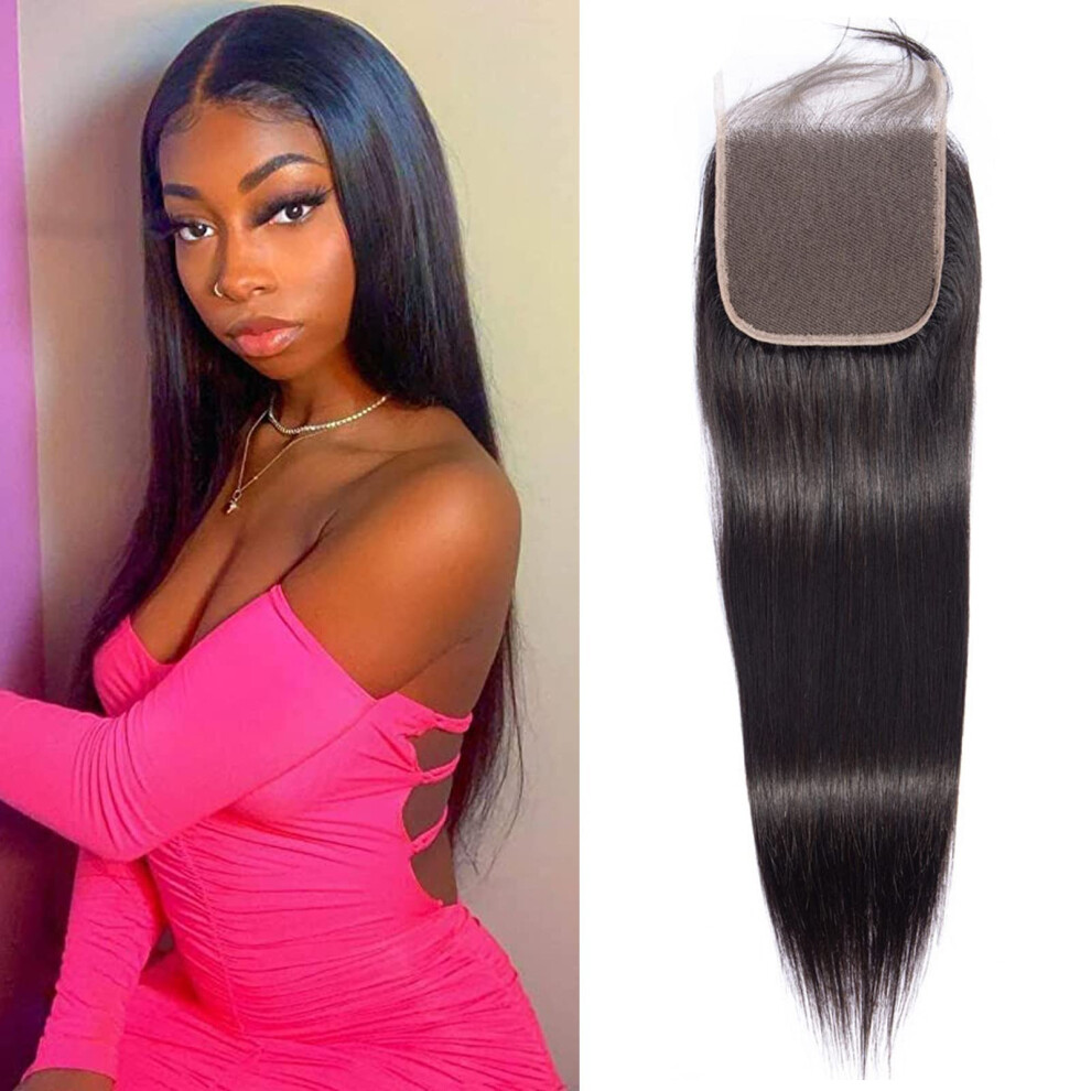 16 Inch Straight Brazilian Lace Closure Wig, 4x4 Swiss Lace Human Hair Closure Natural Color
