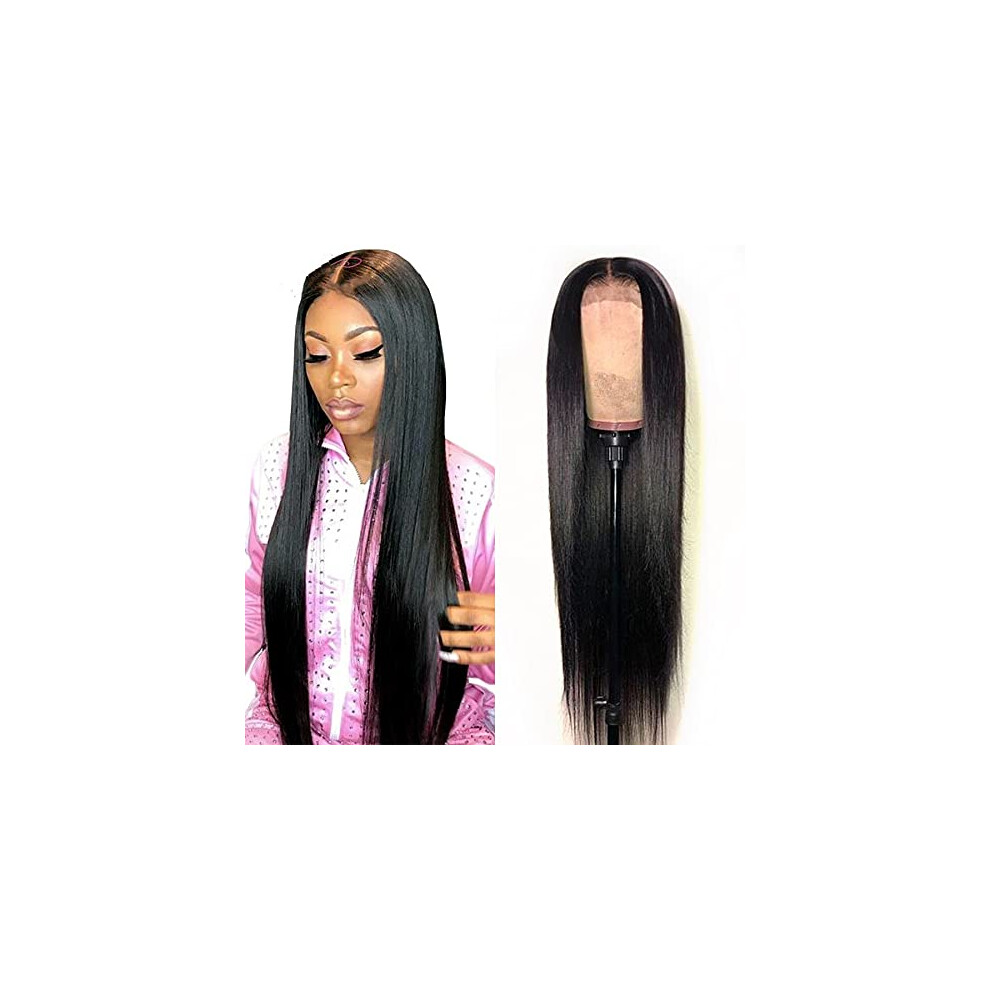 Unisex 28 Inch Straight Brazilian Human Hair Lace Closure Wig 180 Density Preplucked Natural Hairline