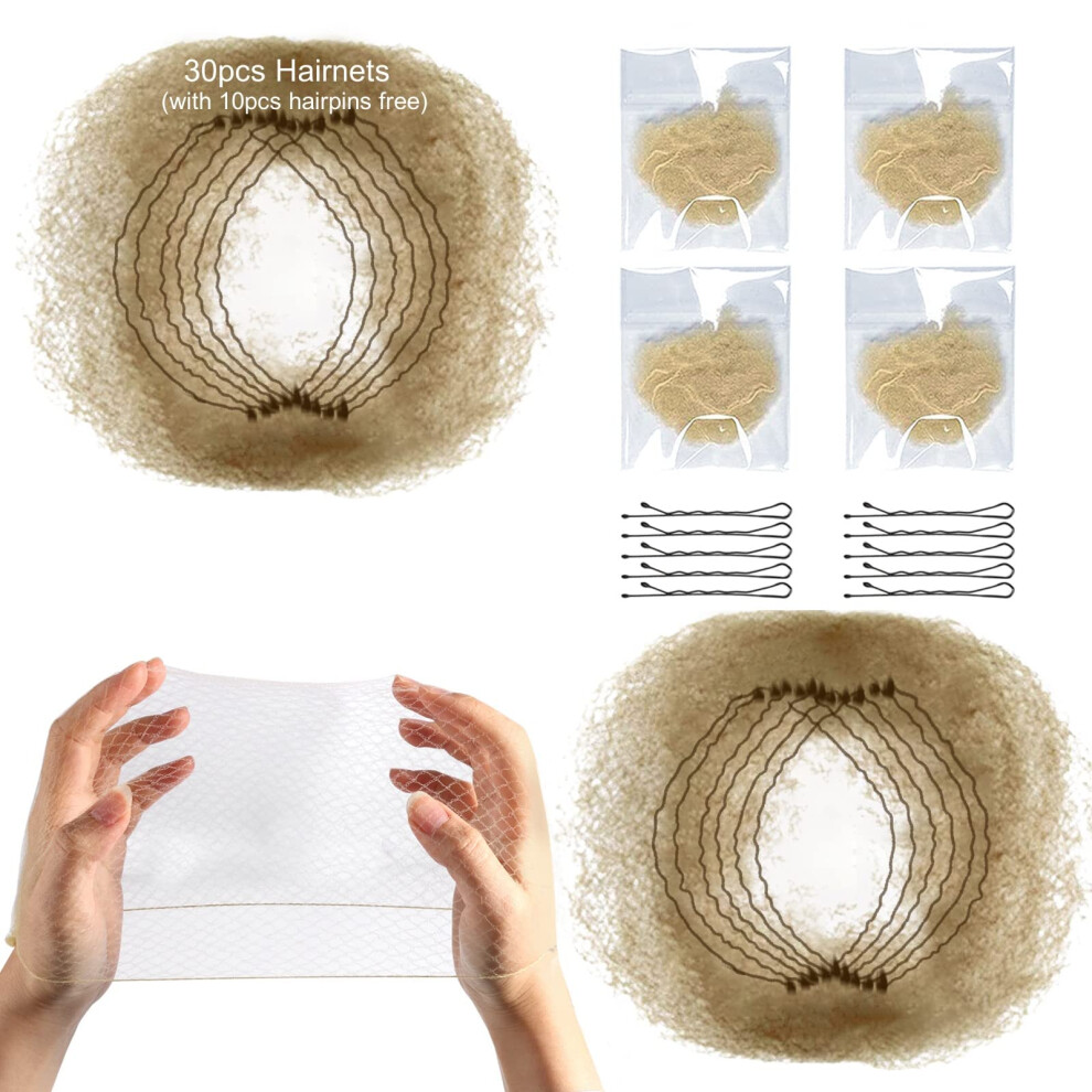 Invisible Hair Nets for Buns with Elastic Edge, Light Coffee 30pcs, Includes Hairpins Set