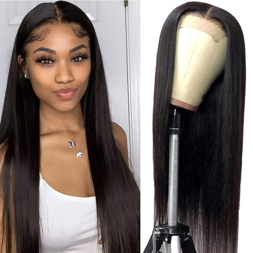 Unisex Human Hair Lace Front Wig 14 Inch Brazilian Straight, Pre Plucked Glueless 4X4 Closure, 150 Density