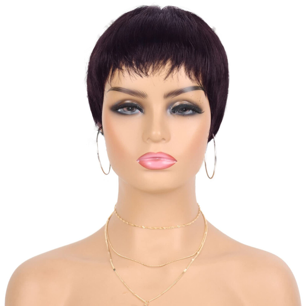 Unisex Black,Red 99J Red Pixie Cut Human Hair Wig For Black Women, Short Layered Burgundy Wig With Bangs