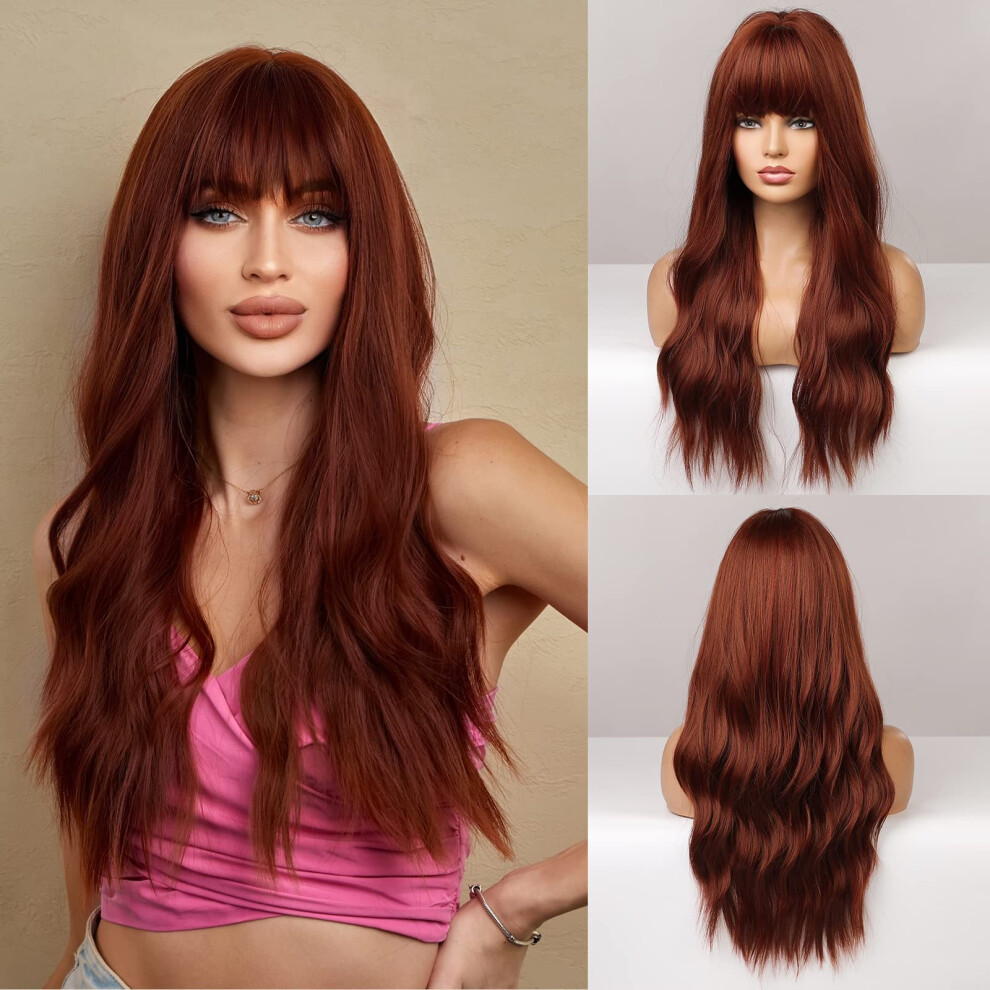 Unisex Red Auburn Long Wavy Wig With Bangs, Heatfriendly Synthetic, Natural Hairline For Women