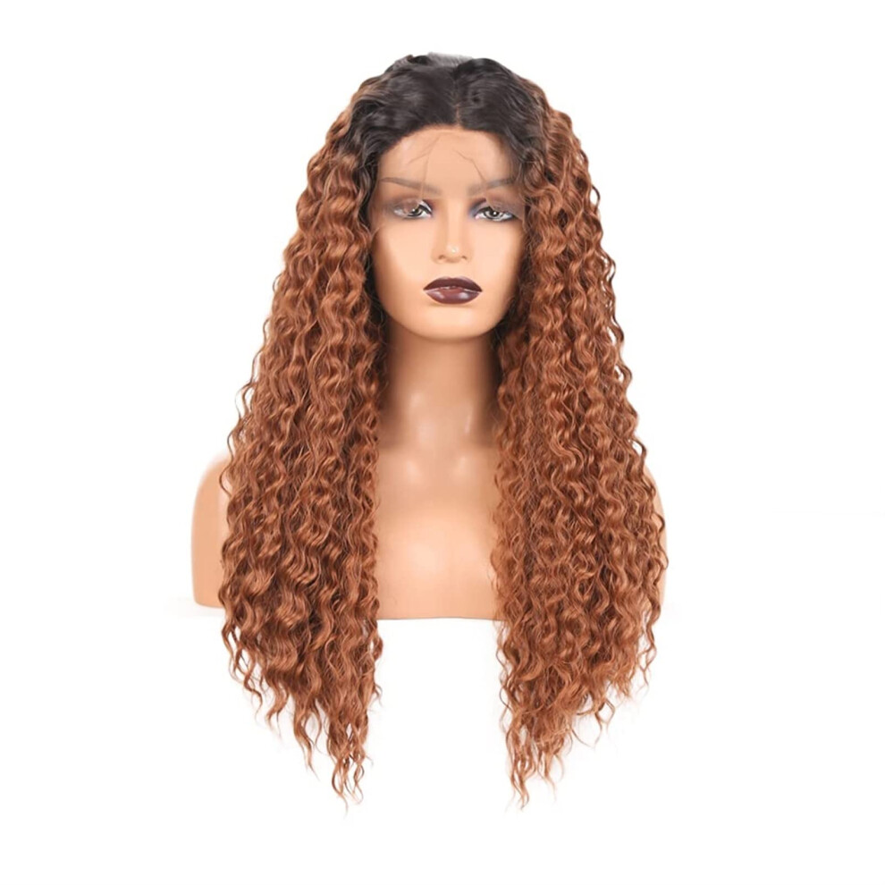 Ombre Brown Lace Front Wig 22 Inch Long Deep Wave Synthetic Heat Resistant Natural Hairline
