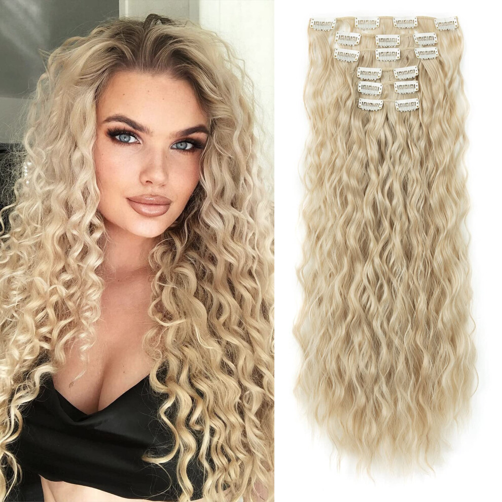 6PCS 24 Inch Ash Blonde Wavy Clip In Hair Extensions Synthetic Long Mermaid Waves for Women