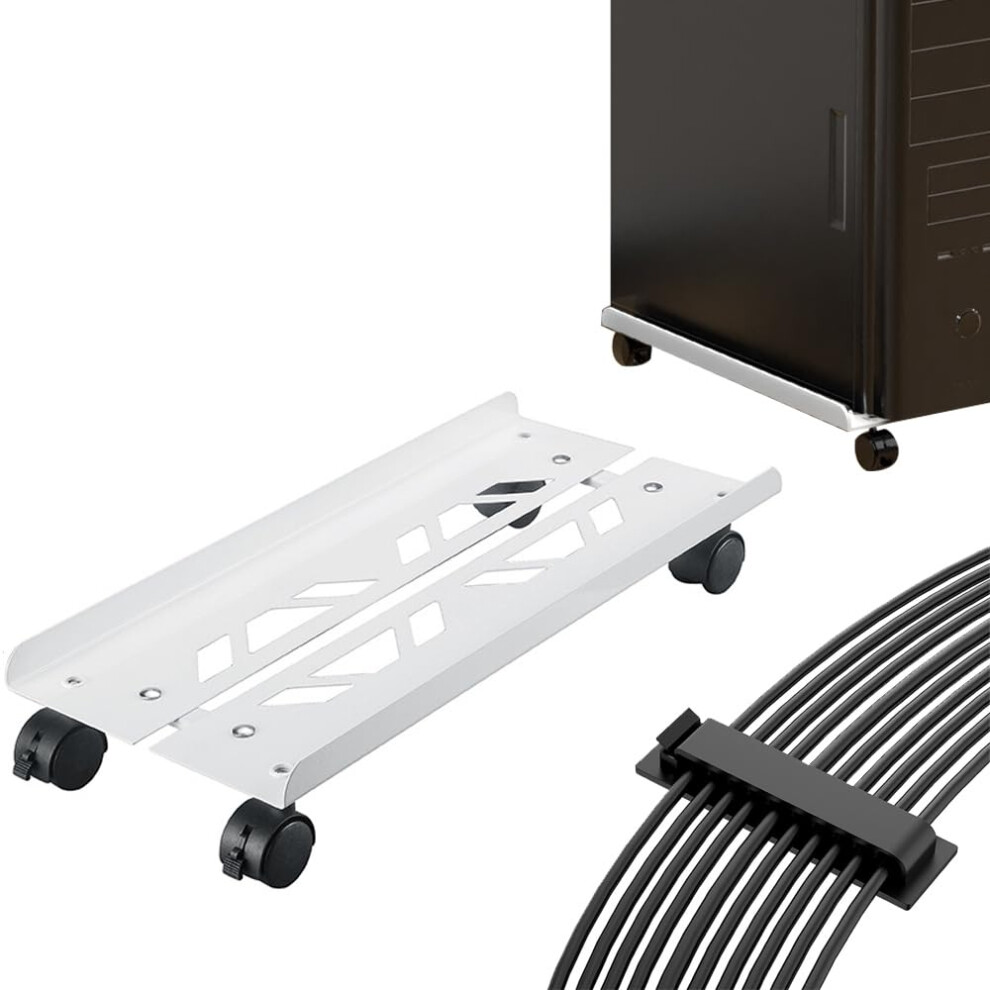 Adjustable Computer Tower Stand With Lockable Wheels, Cable Clips, Airflow Design, White 9365369389502