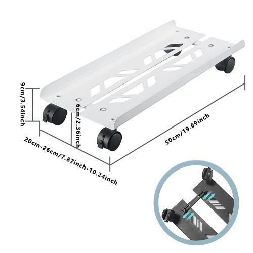 Adjustable Computer Tower Stand with Lockable Wheels, Cable Clips, Airflow Design, White 1