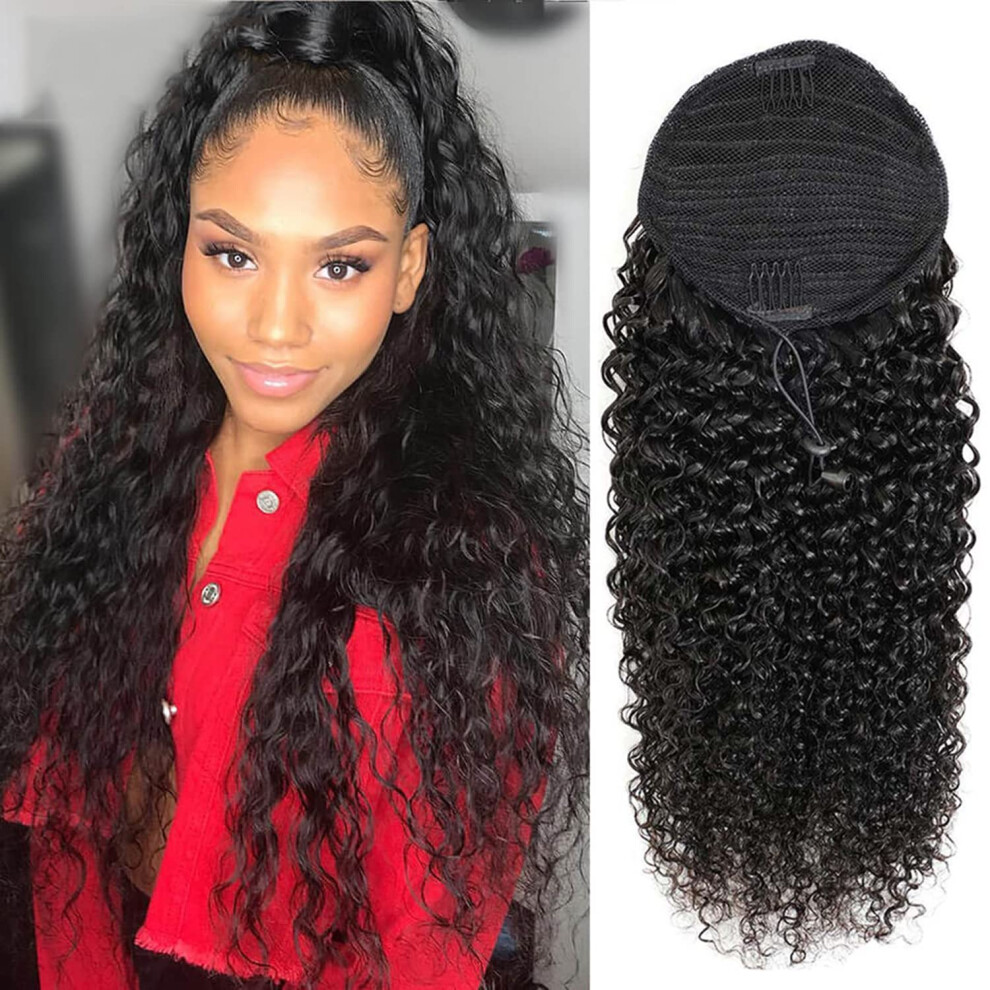 Unisex Black 26 Inch Kinky Curly Human Hair Drawstring Ponytail Extension Natural 1B Remy Clip In