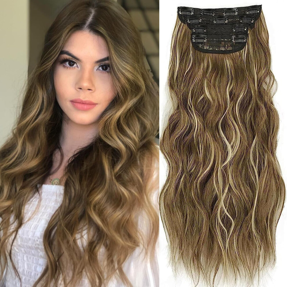 Unisex Brown 20 Inch Blonde Highlight Clip In Hair Extensions, 4Pcs Thick Wavy Synthetic Hair For Women