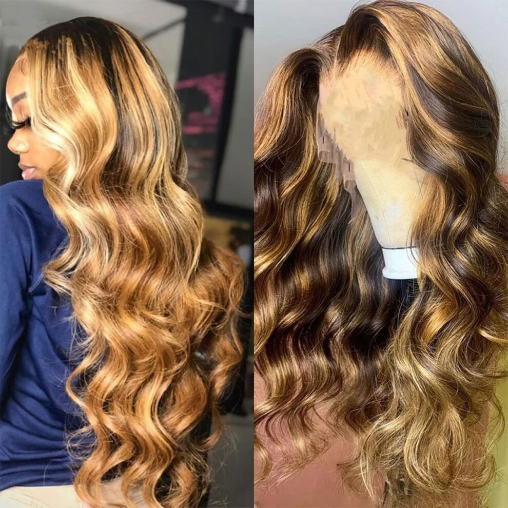 Unisex Highlight Ombre 4X4 Lace Closure Human Hair Wig Brazilian Body Wave Preplucked 150% Density Hd Lace 18 Inch