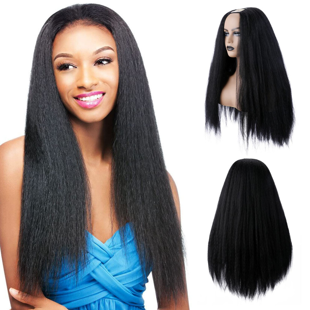 22 Inch Kinky Straight U Part Wig for Black Women, Glueless Half Wig with Natural Hairline Blend