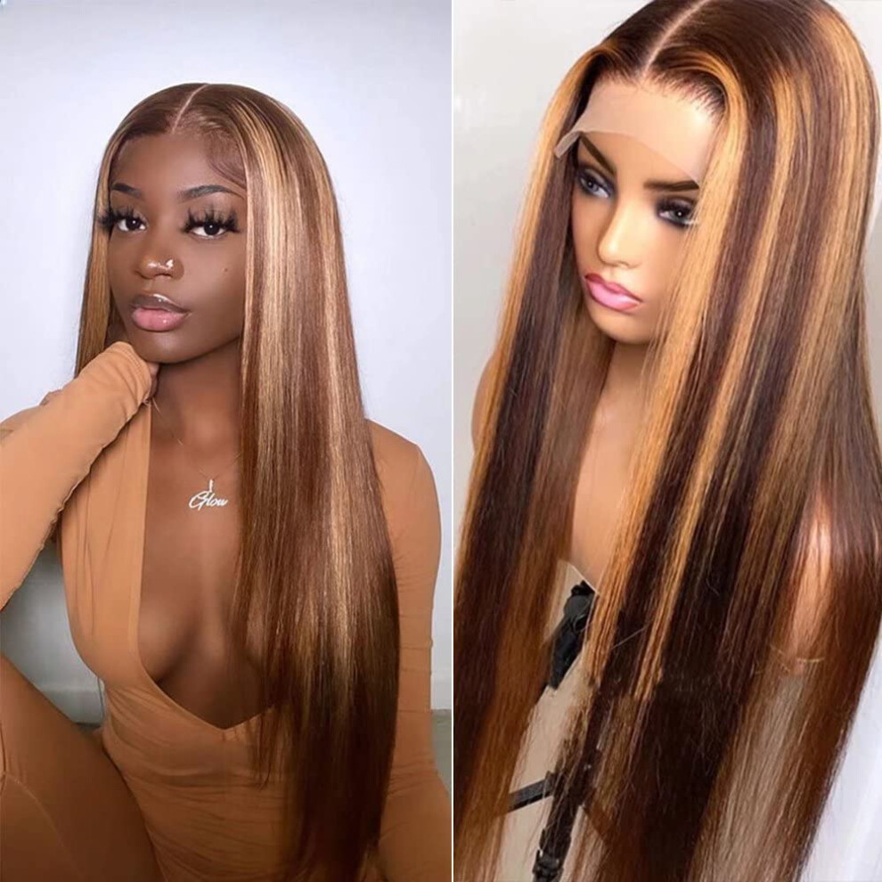 13x4 Ombre Brown Honey Blonde Lace Front Wig Straight Brazilian Human Hair 26 Inch Pre Plucked