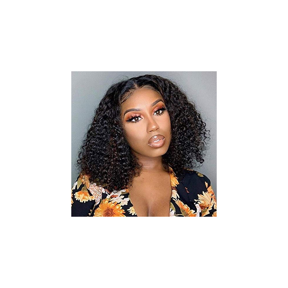 Unisex Curly Bob Wig 14 Inch Kinky Curly Human Hair Lace Front Glueless Pre Plucked Natural Hairline