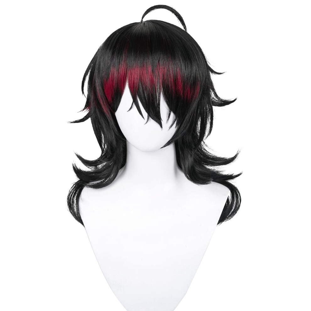 Unisex Black,Red Cosplay Wig Black And Red Long Curly With Bangs Twotone Synthetic Anime Wig For Halloween Party