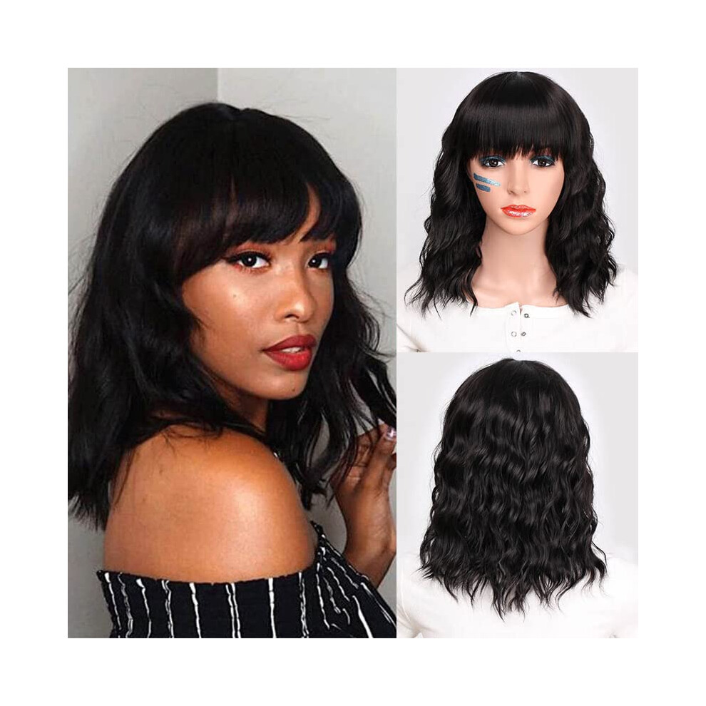 Unisex Black Bob Wig With Full Bangs, Short Wavy Shoulder Length, Heatresistant Synthetic Hair