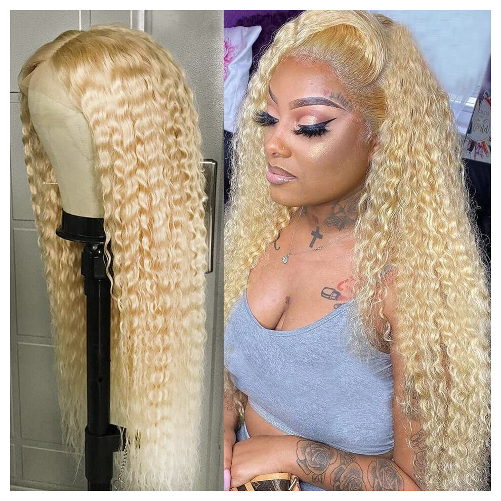 Unisex 32 Inch Honey Blonde Ombre Human Hair Lace Front Wig Loose Deep Wave 13X6 Natural Hairline