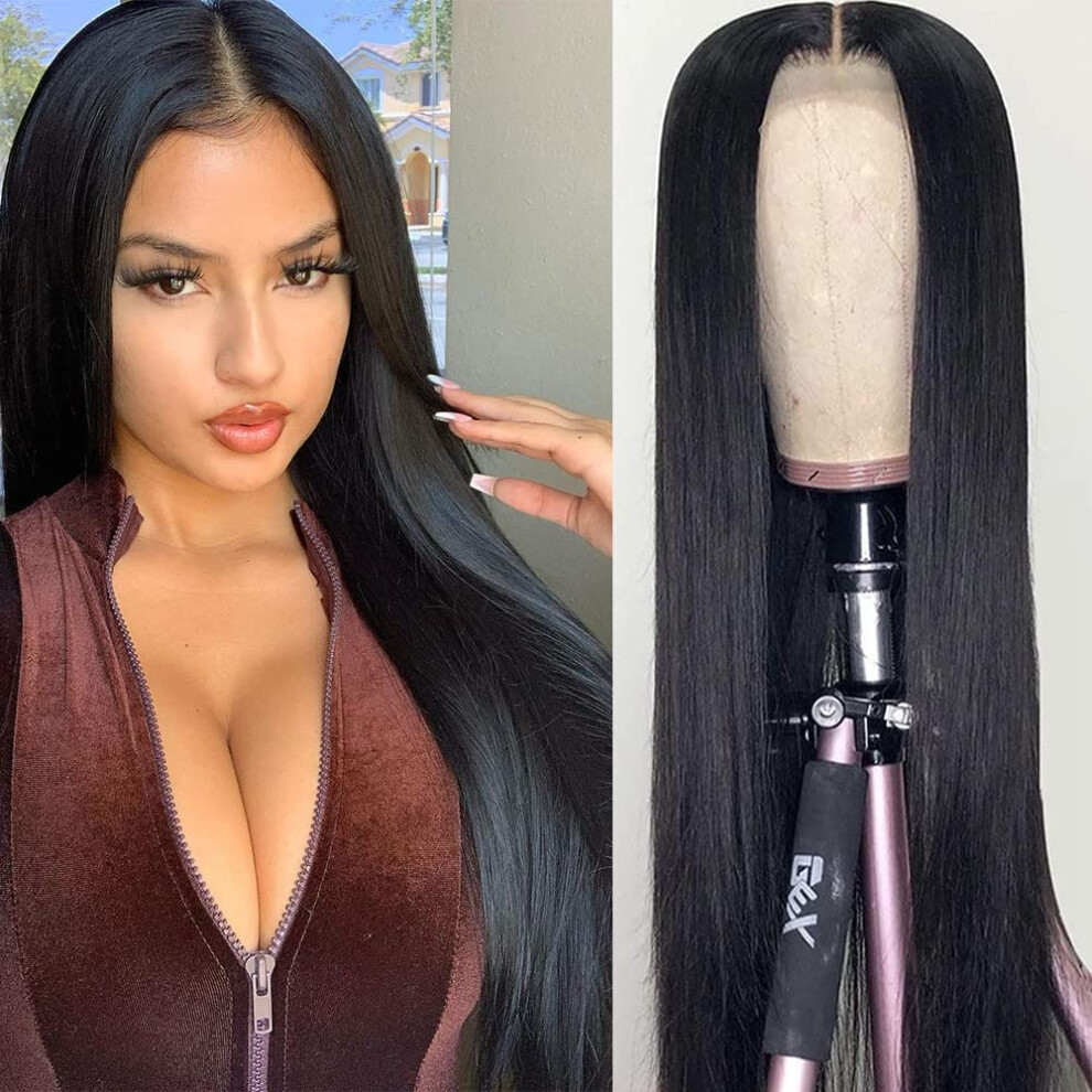 4x4 Lace Front Wig Human Hair 24 Inch Brazilian Straight 150% Density Pre Plucked Natural Hairline