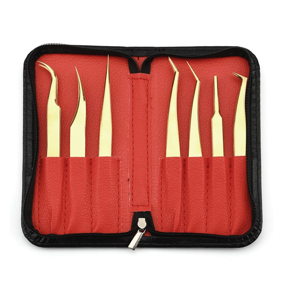 Gold 7Pcs Eyelash Extension Tweezers Set Stainless Steel Tools For Precision Lash Application