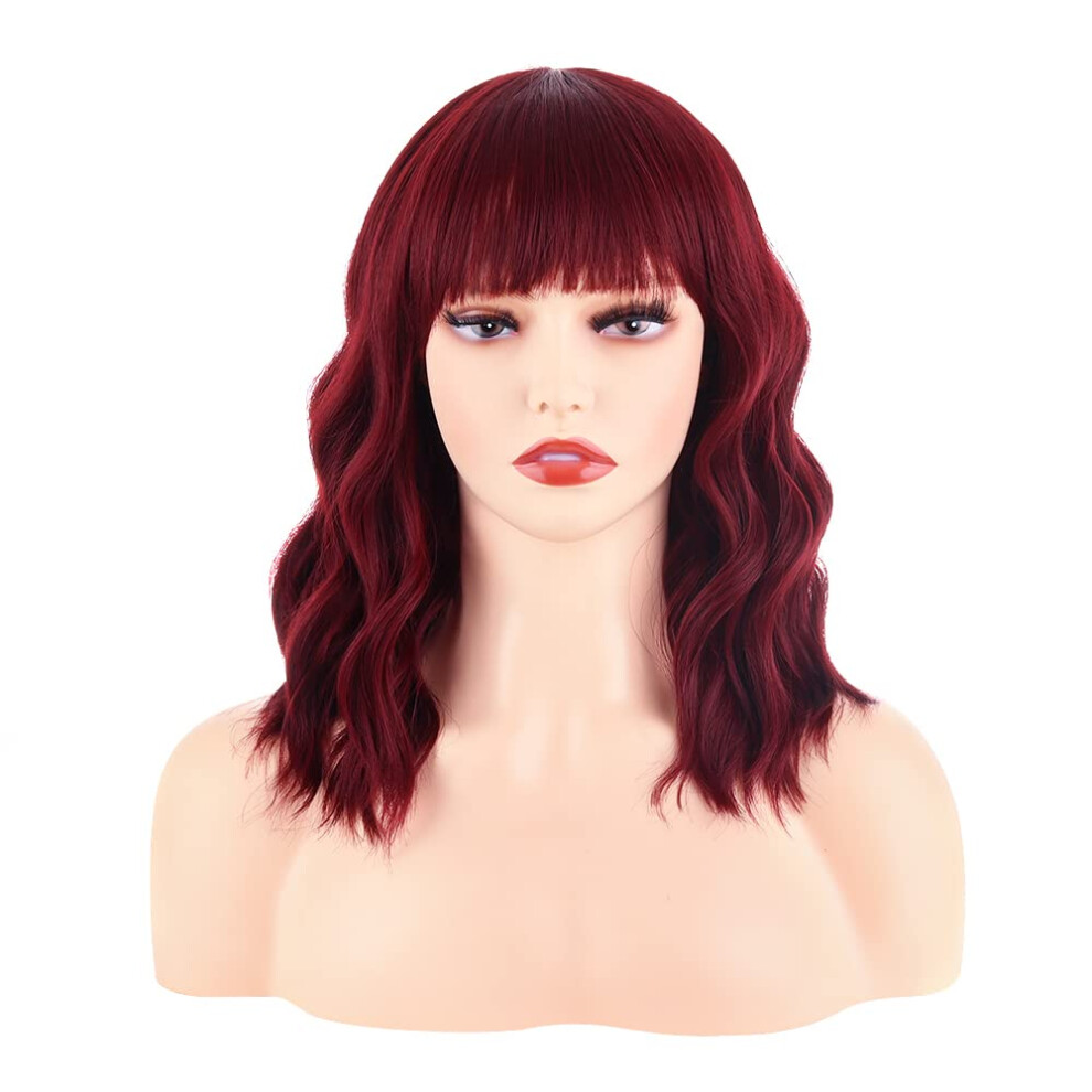 Unisex Red Wine Bob Wig With Bangs, 14Inch Burgundy Water Wave Synthetic Curly Wig For Women