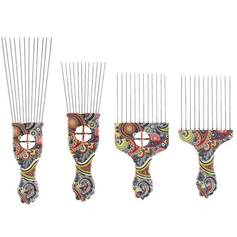 Unisex 4 Pcs Metal Afro Hair Pick Comb Set With Wide Teeth And Ergonomic Fist Handle For Curly Hair