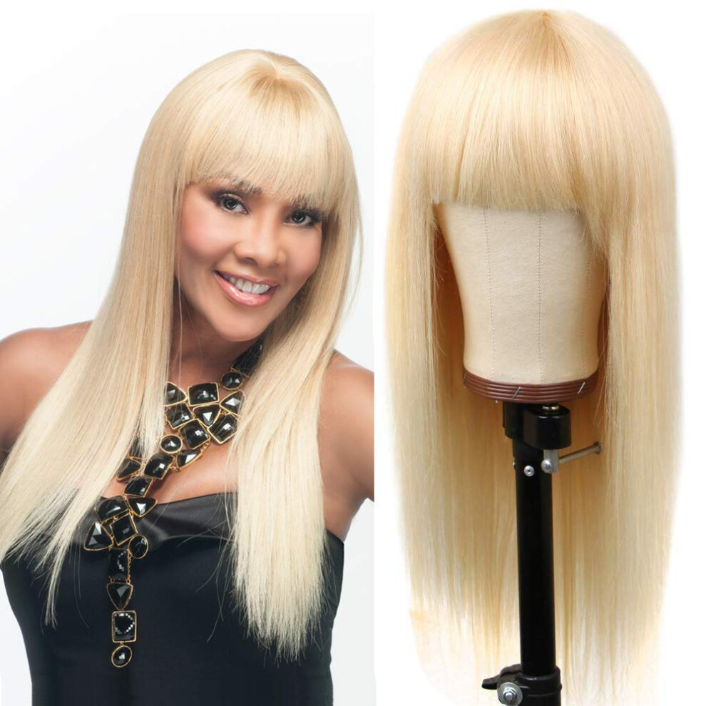 613 Blonde Human Hair Wig with Bangs, Brazilian Glueless NonLace Front, 20 Inch 150% Density
