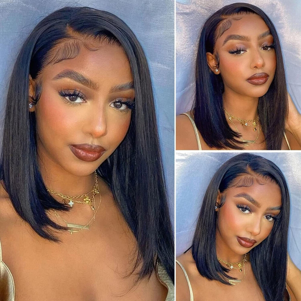 Human Hair Bob Wig 12 Inch Brazilian Virgin 4x4 Lace Closure Pre Plucked Natural Straight 150% Density