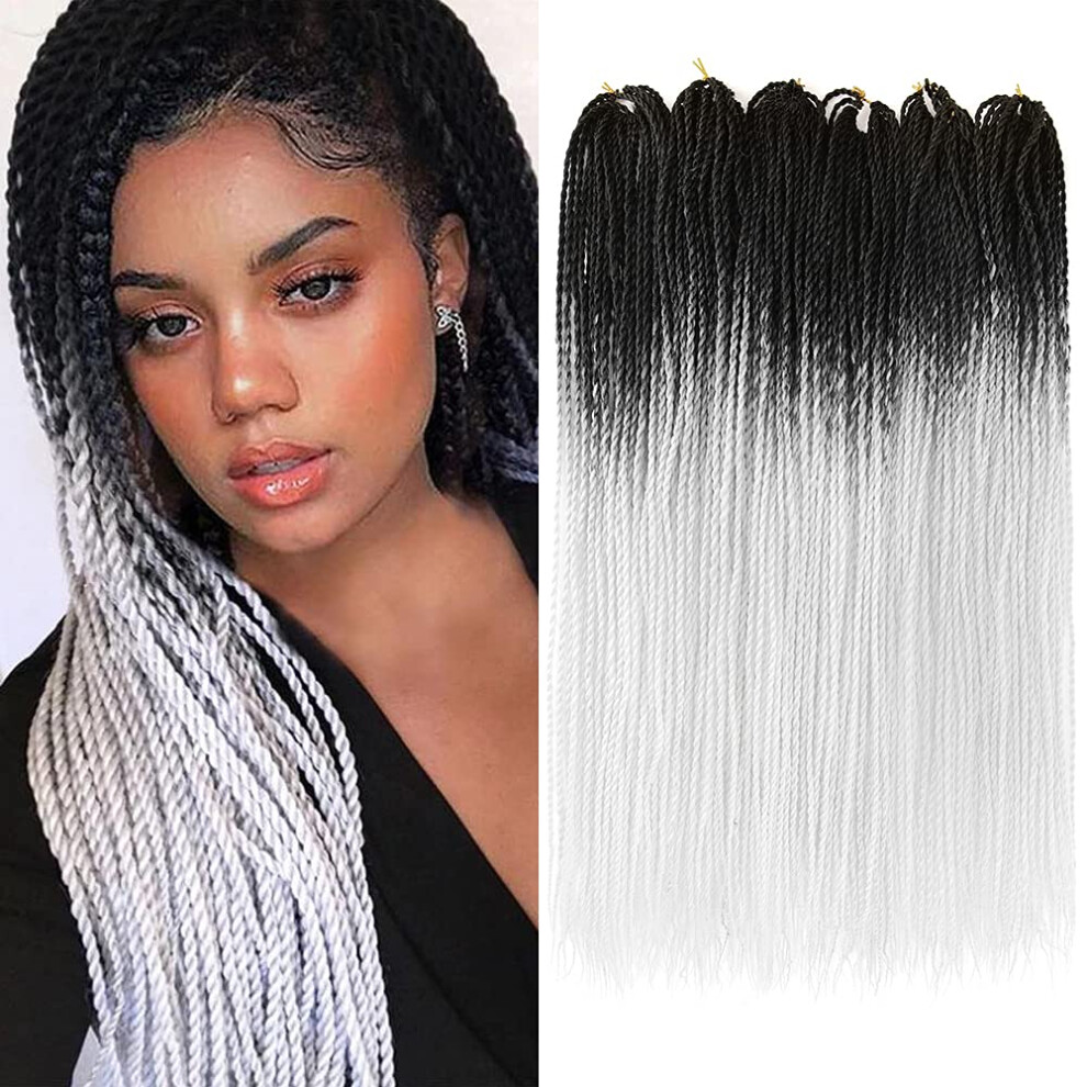 Unisex White,Black 24 Inch Senegalese Twist Crochet Hair Ombre Black White, Lightweight Tangle Extensions For Black Women