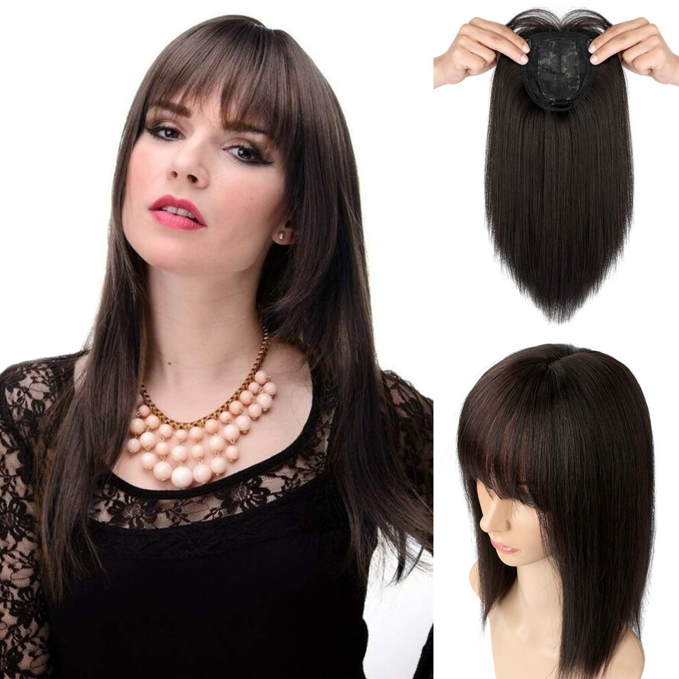 Unisex Hair Topper With Bangs Silk Base Clip In Extensions 14 Inch Straight Hairpiece For Thinning Hair