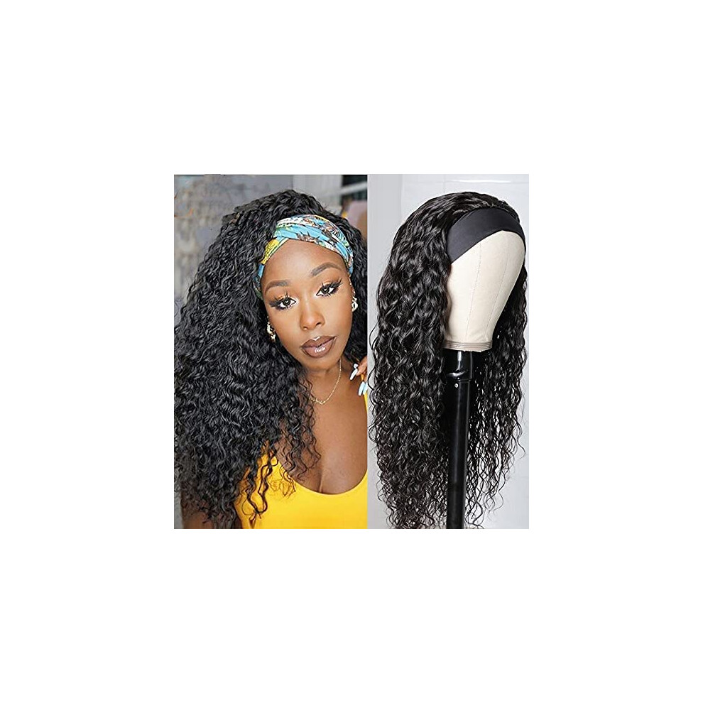 Unisex 24 Inch Water Wave Headband Wig Brazilian Human Hair Glueless Preplucked Natural Hairline