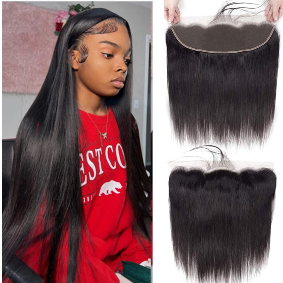 Unisex Black 13X4 Brazilian Lace Frontal Closure 10 Inch Straight Human Hair Pre Plucked Natural Hairline