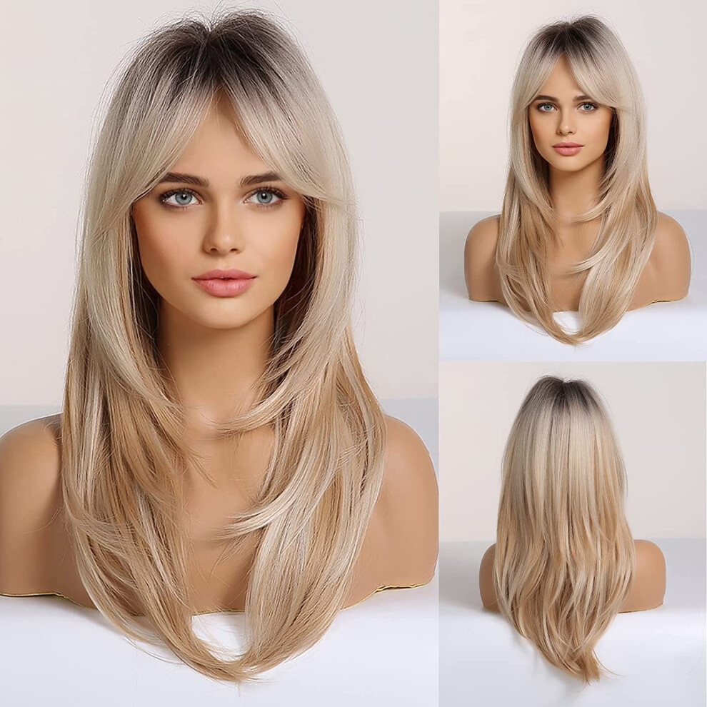 Unisex Long Curly Wig For Women Blonde Synthetic Waves With Bangs Natural Look 130% Density