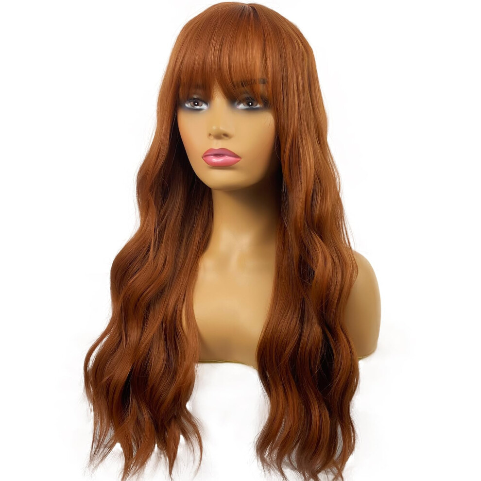 Unisex Red 24 Inch Auburn Long Wavy Wig With Bangs, Heat Resistant Synthetic Fiber, Breathable Cap For Women