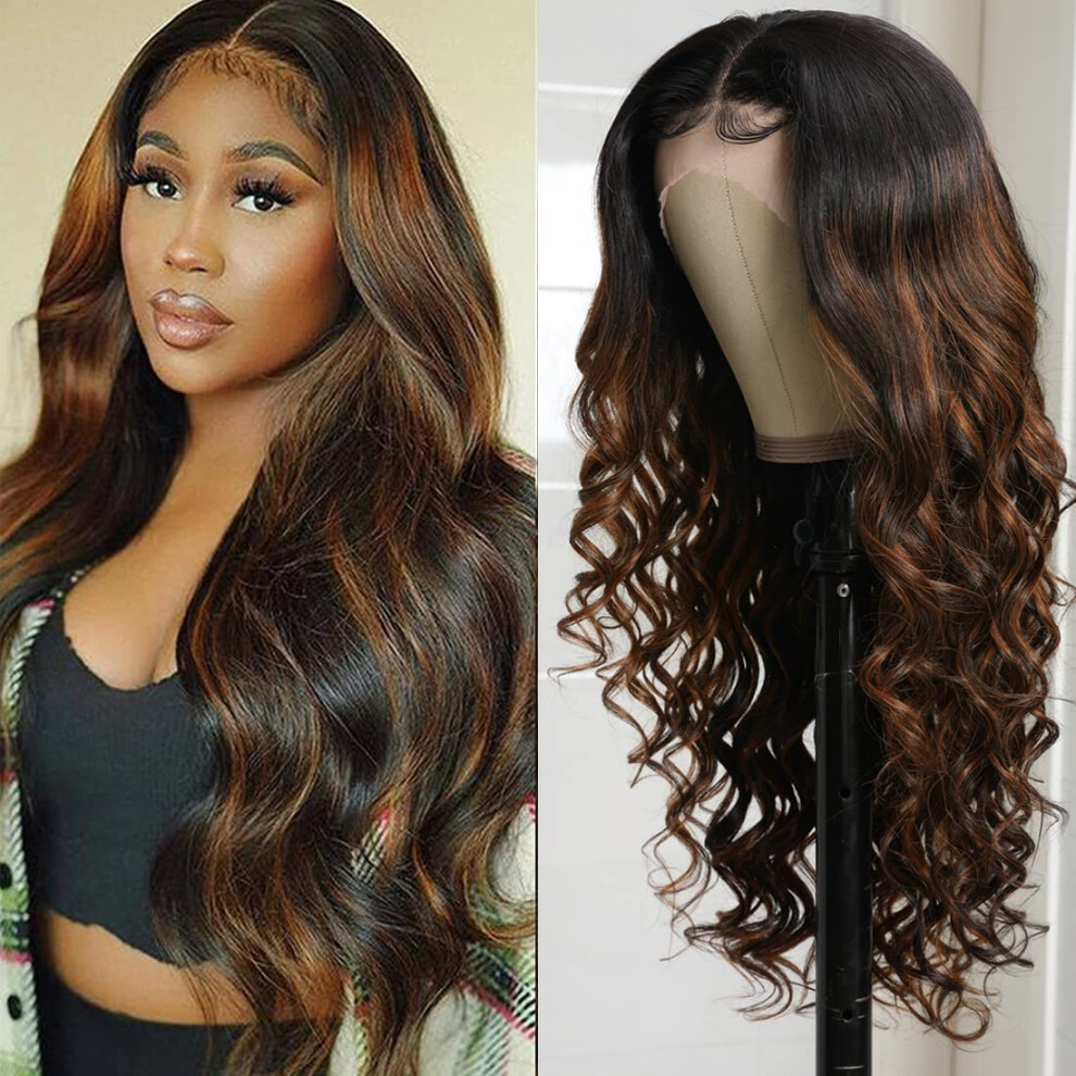 Unisex Brown Brazilian Remy Human Hair Lace Front Wig Highlight Wavy Preplucked 150% Density 16 Inch Chocolate
