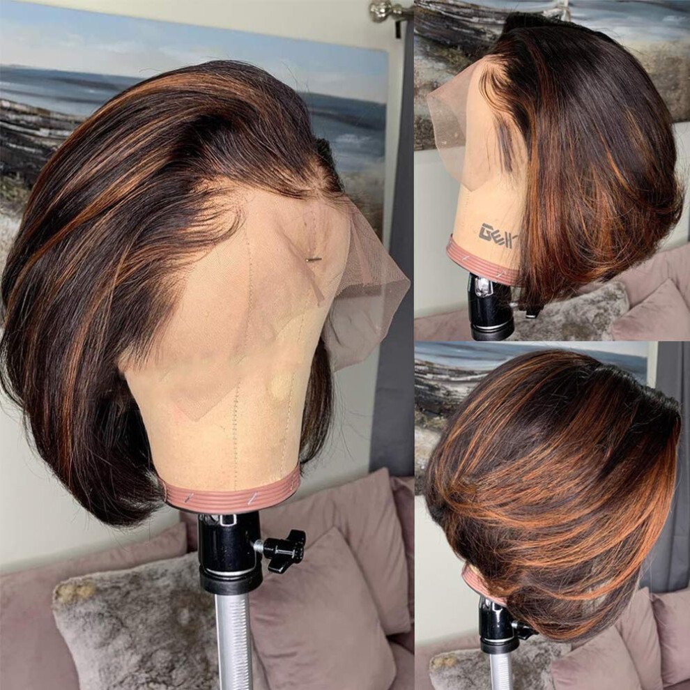 Brazilian Virgin Human Hair 13x4 Lace Front Bob Wig Ombre Pixie Cut with Baby Hair 14 Inch