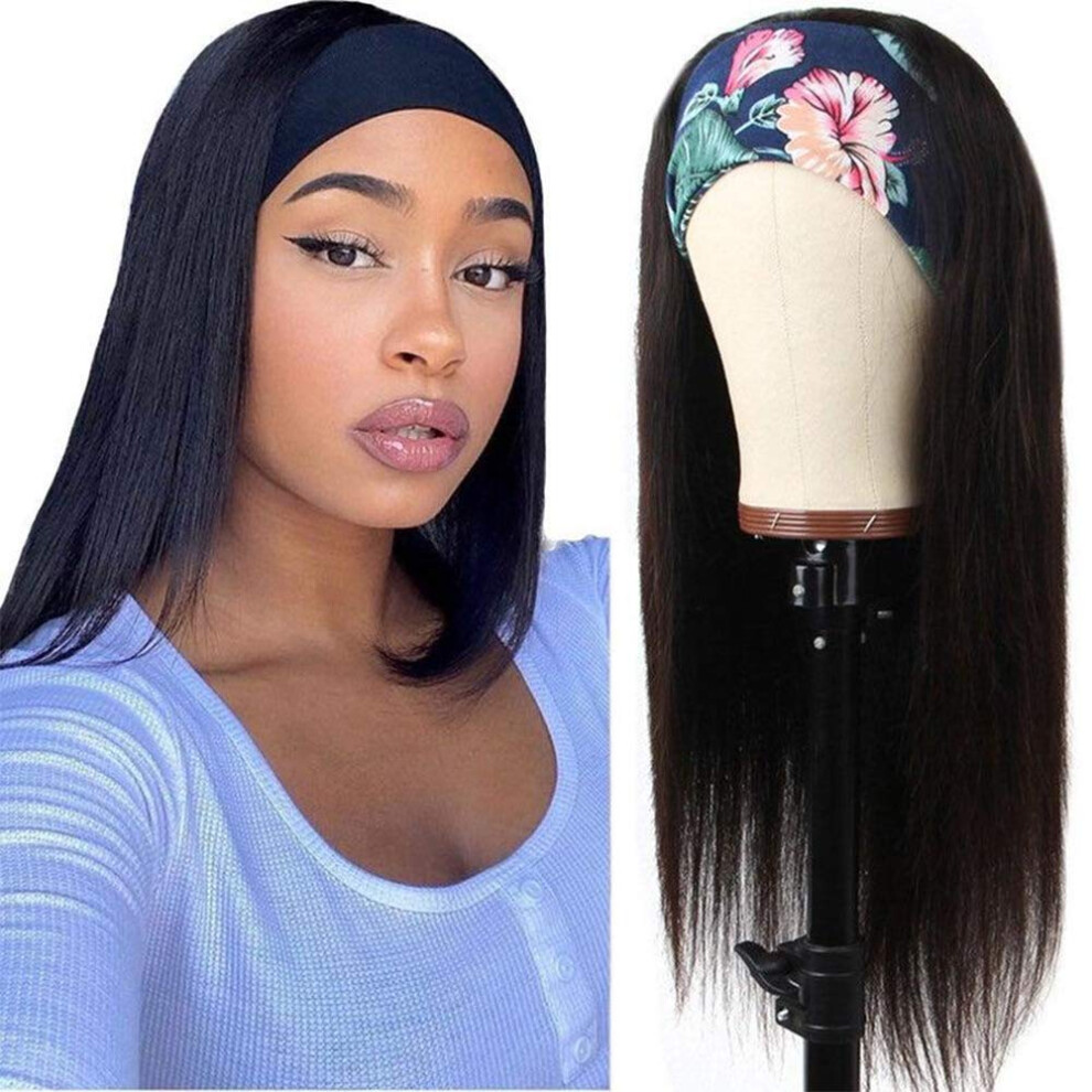 Unisex Black Headband Wig Brazilian Remy Human Hair 22 Inch Straight For Women 180% Density Glue