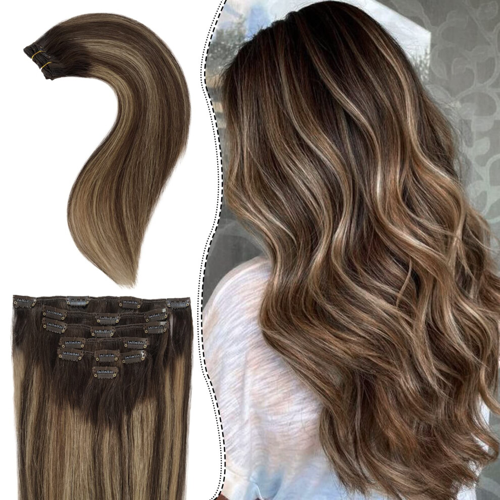 Unisex Brown Human Hair Clip In Extensions Balayage Blonde 15 Inch Invisible Remy Straight Highlights 7Pcs