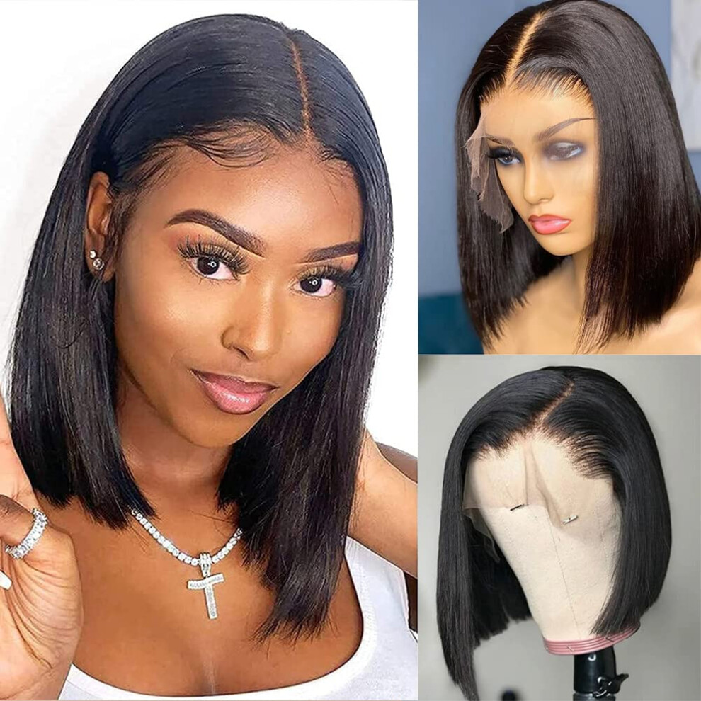 Unisex Black Bob Lace Front Wig Human Hair 13X4 Transparent Lace Glueless Pre Plucked 12 Inch Natural