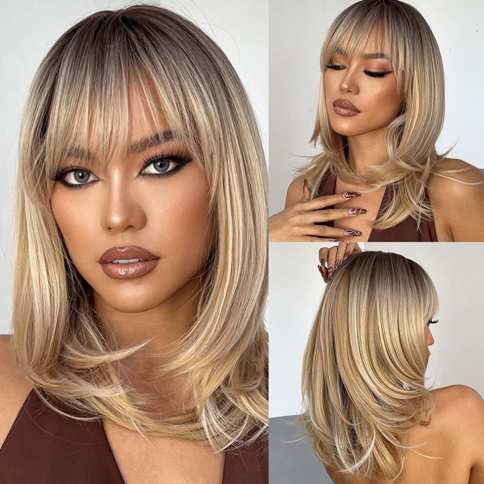 Unisex Black Bob Wig With Bangs Shoulder Length Mix Blonde Short Wavy Synthetic Wig For Women