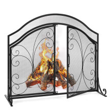 Wrought Iron Fireplace Screen with Doors, Spark Protection Mesh, Decorative Tree Design for Indoor Outdoor Use