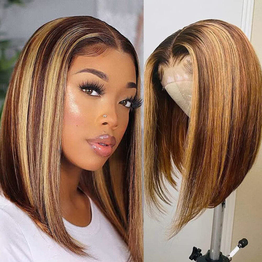 Unisex Brown Human Hair Bob Wig 12 Inch Ombre Honey Blonde Pre Plucked 4X4 Lace Front Brazilian Hair