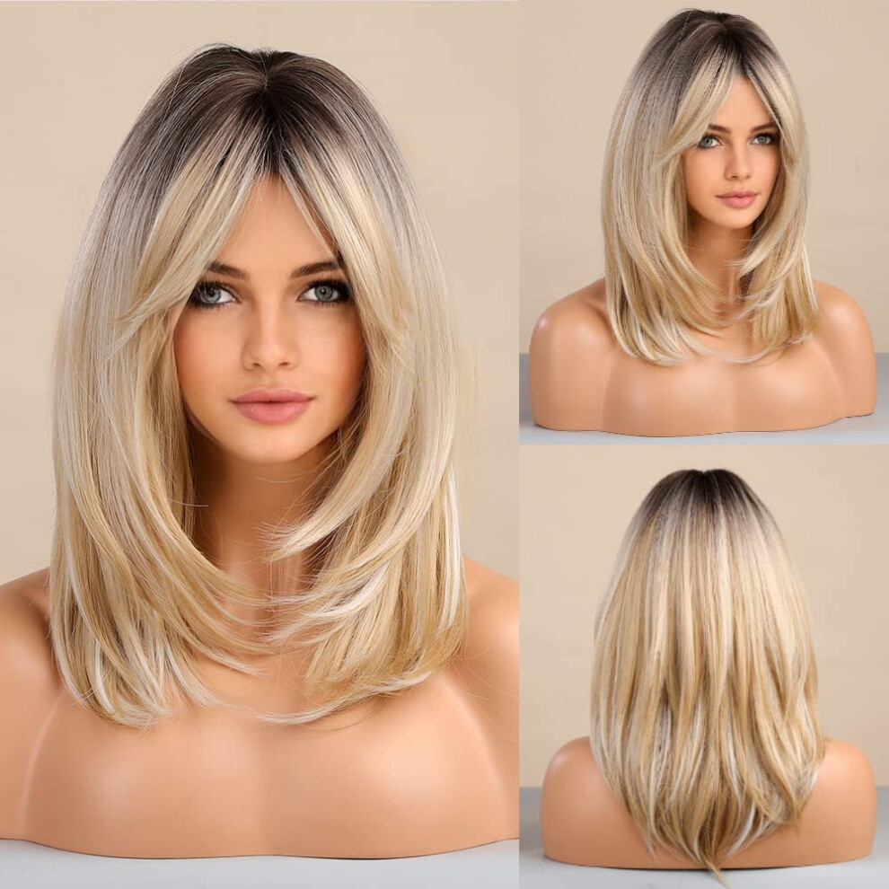 Long Blonde Wavy Synthetic Wig with Bangs, Natural Full Volume, Lightweight Comfort Fit for Women