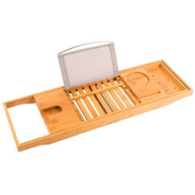 Adjustable Bamboo Bathtub Caddy Tray with Wine Glass and Book Holder, NonSlip Bath Organizer