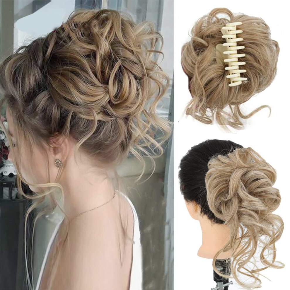 Unisex Messy Bun Hair Piece With Claw Clip, Curly Hair Bun Extension Blonde Twotone 27/613 For Women