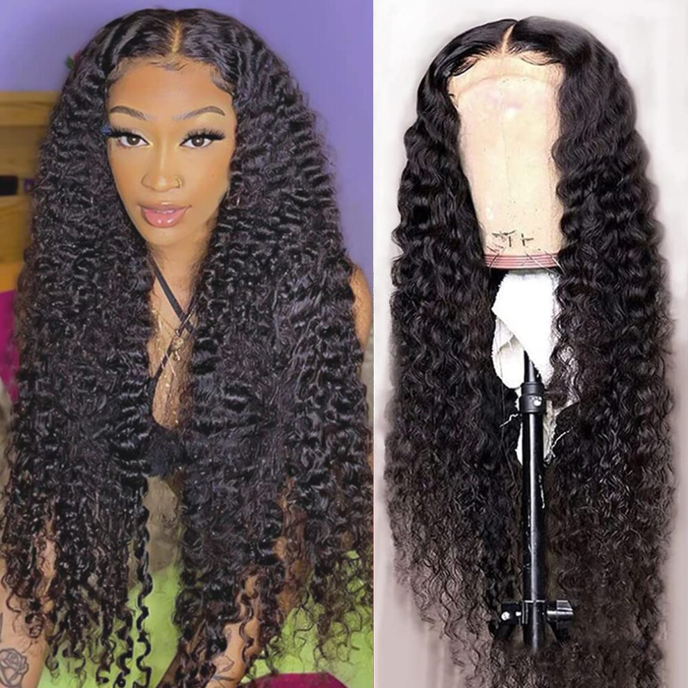 Unisex 4X4 Deep Wave Lace Front Wig Brazilian Virgin Human Hair Pre Plucked Glueless 150 Density 18 Inch