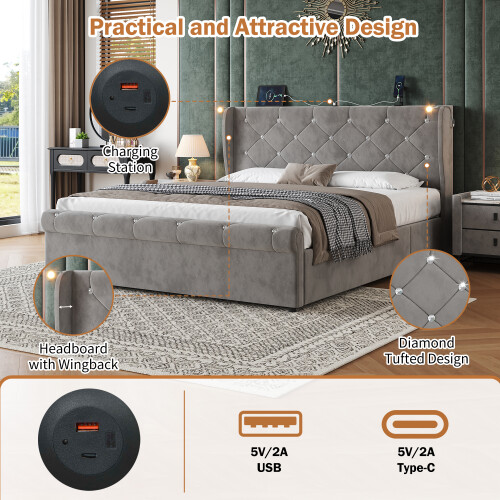 4ft6 Double Upholstered Bed Frame with Hydraulic 2