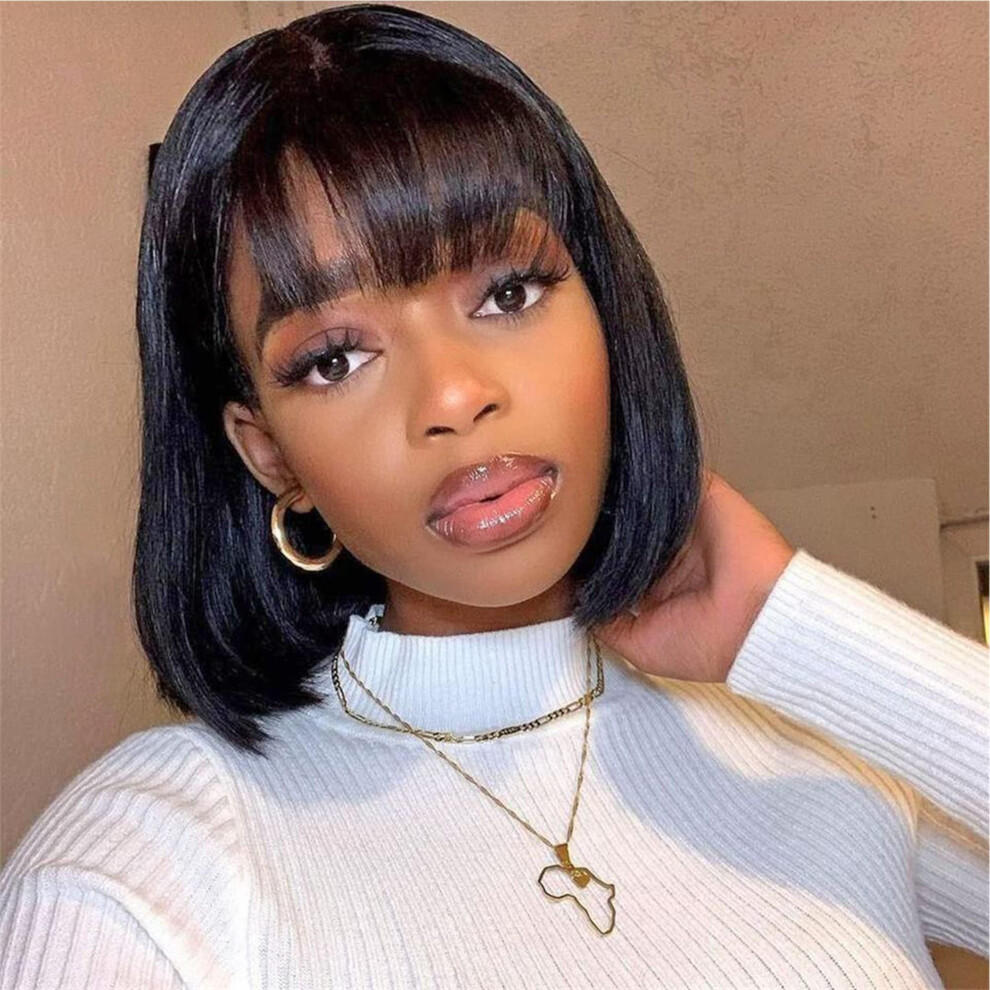 Unisex Black Short Bob Wig Human Hair With Bangs 10 Inch Glueless For Women Natural Brazilian Hair