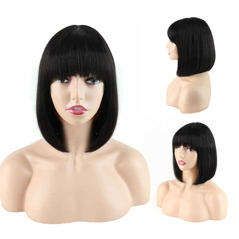 Human Hair Bob Wig 10 Inch Straight with Bangs, 150 Density Brazilian Virgin Hair for Black Women