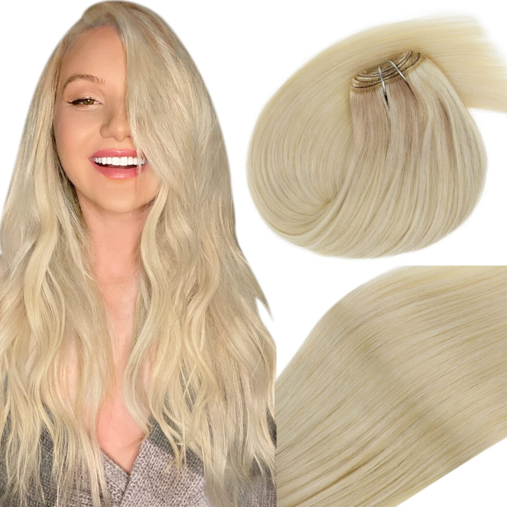 Unisex Silver 18 Inch Blonde Balayage Human Hair Extensions, Ash To Platinum Remy Hair Weft 100G Sew In